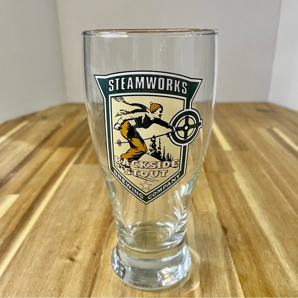 Steamworks Brewing Company Beer Glass 6 1/2” Skier Logo Retro Pilsner Glass